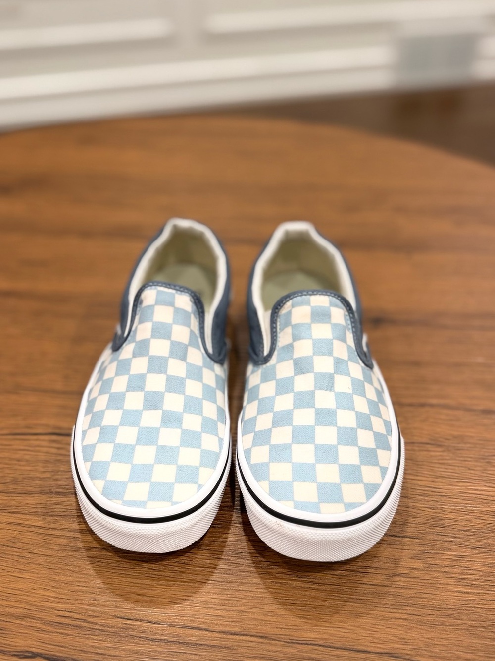 Vans Slip-On Sneakers in Light Blue and White Checkerboard